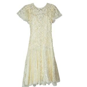 Vtg USA Shuet Young Ivory Lace Sequins Victorian Midi Dress Size 5-6 Cottagecore